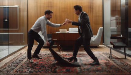AI image created by Tom Pickering using Midjourney. The image shows a business man trying to dance on a carpet while an innovator pulls out the rug from under his feet.